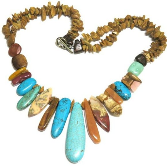 Autumn Magesty! Turquoise, Carnelian, Agate Jasper and Wood Necklace - Picture 5 of 8